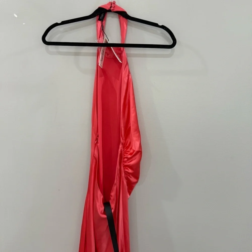 NWT Retrofete Dress Sabrina Cowl Halter Neck Open Back Maxi Gown in Satin Coral